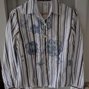 Floral Striped Button Down Shirt - Blue and White